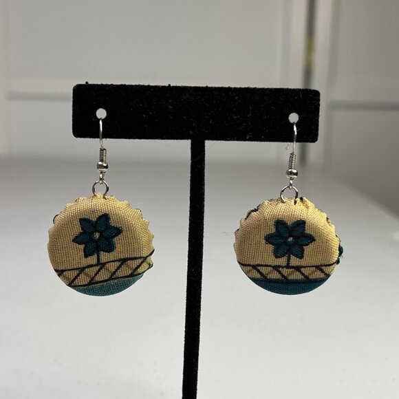 Handcrafted Round Fabric Earrings With Floral Pattern & Hook Backings - Picture 4 of 9